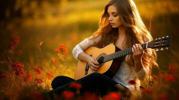 ai gerado lindo menina com guitarra. passatempo e musical passatempo. fêmea músico. bonita mulher. ai gerado foto