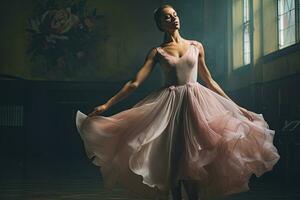 ai gerado lindo bailarina dentro uma branco tutu posando dentro uma Sombrio sala, ai gerado foto