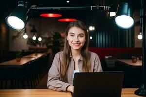 ai gerado o negócio mulher trabalhando em computador portátil dentro a cafeteria foto