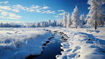 ai gerado imaculado Nevado panorama com uma Meandros fluxo, fosco árvores, e uma brilhante azul céu, incorporando tranquilo inverno beleza. foto