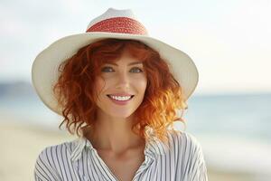 ai gerado fechar-se tiro do jovem feliz mulher verão período de férias às a de praia foto