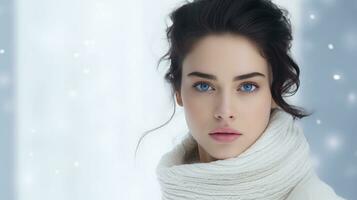 ai gerado impressionante de olhos azuis mulher com uma suave branco lenço, capturando uma inverno fascínio. foto