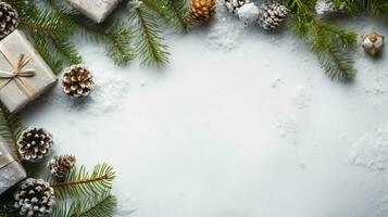 ai gerado Natal composição do abeto árvore galhos com enfeites e presentes em branco fundo foto