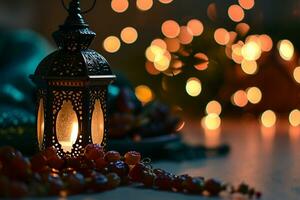 ai gerado ornamental árabe lanternas. cintilante dourado bokeh luzes. prato com encontro fruta em a mesa foto