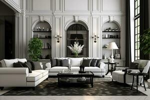 ai gerado 3d rendido mínimo estilo moderno vivo quarto interior Projeto com sofá foto