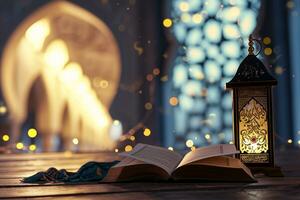 ai gerado suspensão ornamental árabe lanterna brilhando convite para muçulmano piedosos mês Ramadã kareem foto