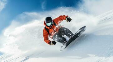 ai gerado snowboarder pulando dentro a neve, snowboarder pulando dentro a montanhas, snowboarder fazendo truques em neve dentro montanhas foto