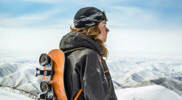 ai gerado snowboarder pulando dentro a neve, snowboarder pulando dentro a montanhas, snowboarder fazendo truques em neve dentro montanhas foto