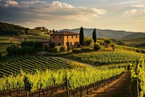 ai gerado vinhas dentro toscana, Itália às pôr do sol. retro estilo, ai gerado foto