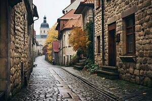 ai gerado medieval rua com velho casas dentro a velho Cidade do Estrasburgo, França, ai gerado foto