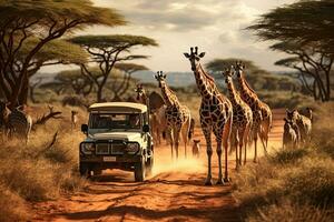 ai gerado africano safári carro com turistas e girafas às pôr do sol, ai gerado foto
