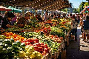 ai gerado fresco legumes às a agricultores mercado, fechar-se, seletivo foco, ai gerado foto