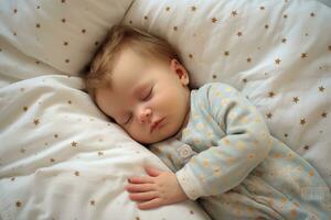 ai gerado lindo bebê dormindo dentro cama. fofa pequeno Garoto dormindo dentro cama, ai gerado foto