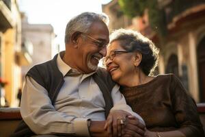 ai gerado feliz Senior casal sentado dentro a jardim. idosos pessoas estilo de vida conceito, ai gerado foto