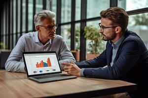 ai gerado empresários apontando computador portátil tela enquanto discutindo foto