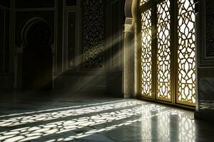 ai gerado islâmico fundo luz com mesquita janela enfeite cena foto