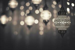 ai gerado suspensão ornamental árabe lanterna brilhando para muçulmano piedosos mês Ramadã kareem foto