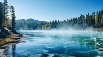 ai gerado lago dentro a montanhas, lago com floresta, cênico Visão do a lago foto