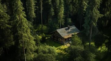 ai gerado casa dentro a bosques, casa dentro a floresta, moderno projetado de madeira casa dentro a floresta foto