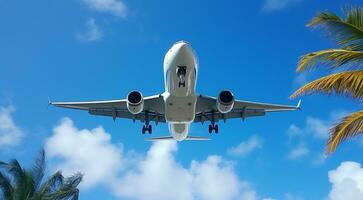 ai gerado avião dentro a azul céu, avião dentro a céu, vôo avião dentro a ar, fechar-se do uma avião foto