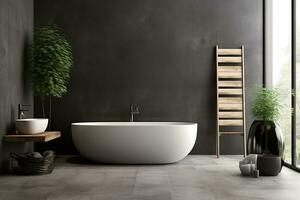 ai gerado 3d rendido mínimo estilo Preto tema moderno banheiro interior Projeto com banheira foto