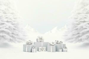 ai gerado inverno presente com uma prata fita debaixo uma pinho árvore com uma branco fundo e flocos de neve. hd papel de parede foto