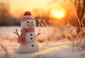 ai gerado feliz boneco de neve dentro inverno cenário às crepúsculo com cópia de espaço foto