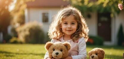 ai gerado pequeno menina com uma Urso de pelúcia Urso dentro natureza contra a fundo do uma casa foto