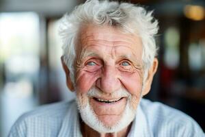 ai gerado retrato do feliz aposentado Senior homem em pé às casa perto janela. satisfeito velho homem olhando às Câmera e sorridente enquanto de pé. positivo e confiante idosos apreciar dele aposentadoria. foto