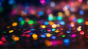 ai gerado brilhar bokeh iluminação efeito colorida borrado abstrato fundo aniversário aniversário casamentos multicolorido bokeh, chovendo luz, embaçado luzes, embaçado arco Iris confettis Preto fundo foto