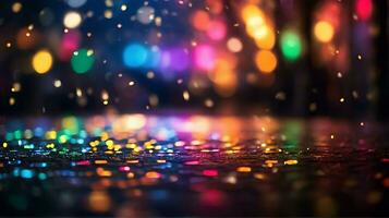 ai gerado brilhar bokeh iluminação efeito colorida borrado abstrato fundo aniversário aniversário casamentos multicolorido bokeh, chovendo luz, embaçado luzes, embaçado arco Iris confettis Preto fundo foto