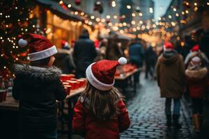 ai gerado crianças às uma santa claus festa, vestindo santa chapéus e avidamente aguardando papai noel chegada, cercado de Natal luzes e decorações foto