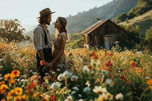 ai gerado uma amoroso casal segurando mãos e olhando às cada de outros enquanto em pé dentro uma campo do flores silvestres foto