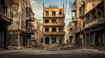 ai gerado queimando edifícios depois de a guerra, guerra cena, flamming casas foto