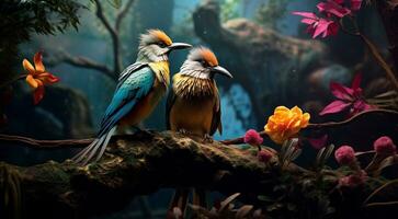 ai gerado fechar-se do atropical selvagem pássaro dentro a floresta, tropical selvagem pássaro, selvagem pássaro dentro a floresta, pássaro sentado em a árvore foto