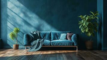 ai gerado vivo quarto interior Projeto com sofá mínimo estético luz azul veludo 3d rendido foto