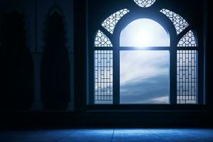 ai gerado lua luz brilho através a janela para dentro islâmico mesquita interior foto