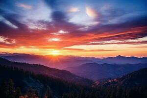 ai gerado uma panorâmico tiro do uma vibrante nascer do sol sobre uma tranquilo montanha alcance foto