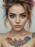 ai gerado retrato do uma mulher com uma corpo cheio do artístico tatuagens foto