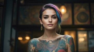 ai gerado retrato do uma mulher com uma corpo cheio do artístico tatuagens foto