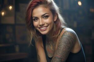 ai gerado retrato do uma mulher com uma corpo cheio do artístico tatuagens foto