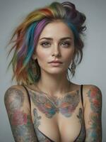 ai gerado retrato do uma mulher com uma corpo cheio do artístico tatuagens foto