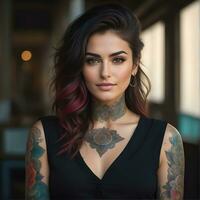 ai gerado retrato do uma mulher com uma corpo cheio do artístico tatuagens foto