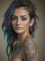 ai gerado retrato do uma mulher com uma corpo cheio do artístico tatuagens foto