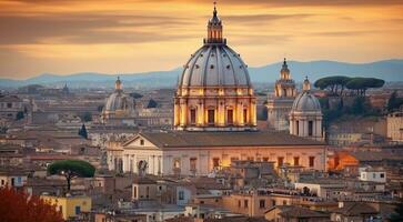 ai gerado panorâmico Visão do Roma, panorâmico Visão do excêntrico cidade Roma, topo Visão do a cidade foto