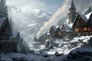 ai gerado conto de fadas inverno panorama com de madeira casas dentro a montanhas. digital pintura, ai gerado foto