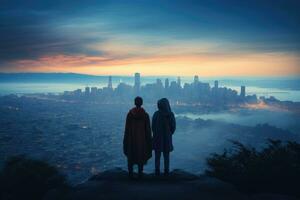 ai gerado silhueta do dois mulheres em pé em a topo do a montanha e olhando às a cidade, uma casal admirando a cidade Horizonte a partir de uma topo da colina, embrulhado dentro cada outros cordialidade, ai gerado foto