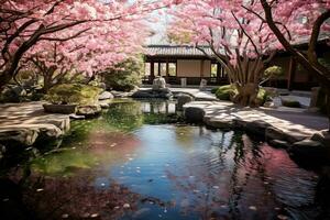 ai gerado cereja flores dentro uma japonês jardim com uma lagoa e uma casa, ai gerado foto