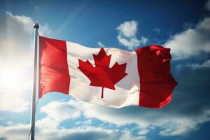 ai gerado Canadá bandeira acenando dentro a vento contra nublado céu 3d ilustração, Canadá bandeira acenando ao ar livre, ai gerado foto