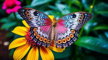 ai gerado colorida borboleta em uma flor, abstrato colori borboleta em abstrato colori fundo, colorida fundo papel de parede, abstrato colori borboleta em colori folha foto